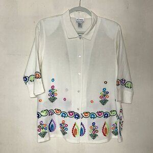 Linea by Louis Dell'Olio Size 1XL Ivory Linen Rayon Embroidered Shirt Jacket Top